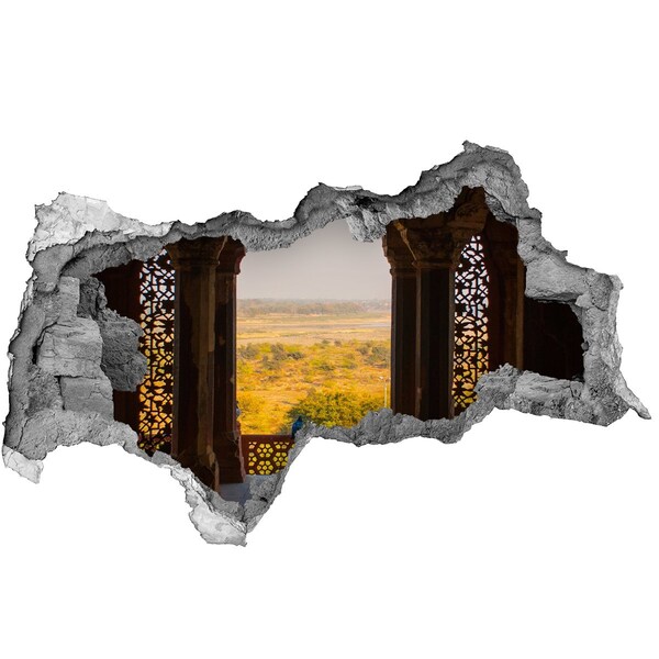 3D sticker gat in stenen muur Uitzicht vanaf de kasteelruïnes