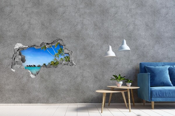 3D muursticker gescheurde muur Caribisch strand door een gat in de muur