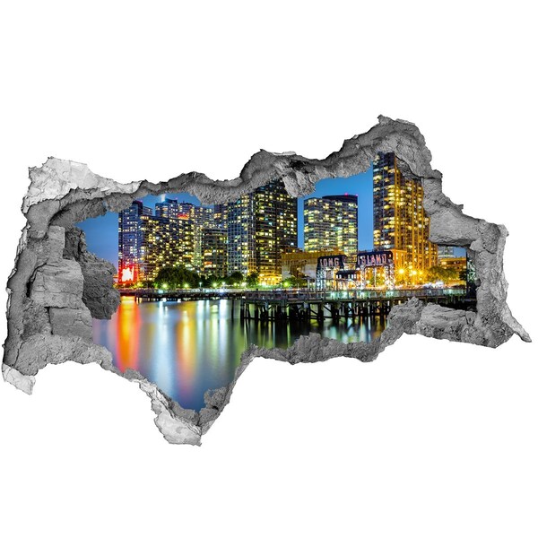 Zelfklevende 3D wandsticker illusie Uitzicht op de stad 's nachts