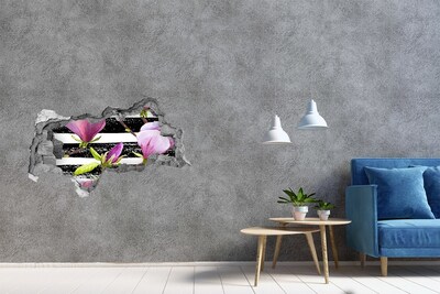 3D muursticker gescheurde muur Bloemen op een gestreepte achtergrond