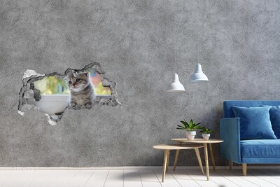 Zelfklevende 3D wandsticker illusie Kitten in een gat in de muur