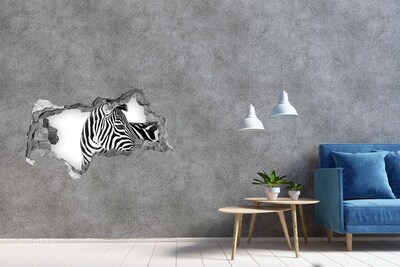 Wandsticker 3D doorkijk Zebra in een gat in de muur