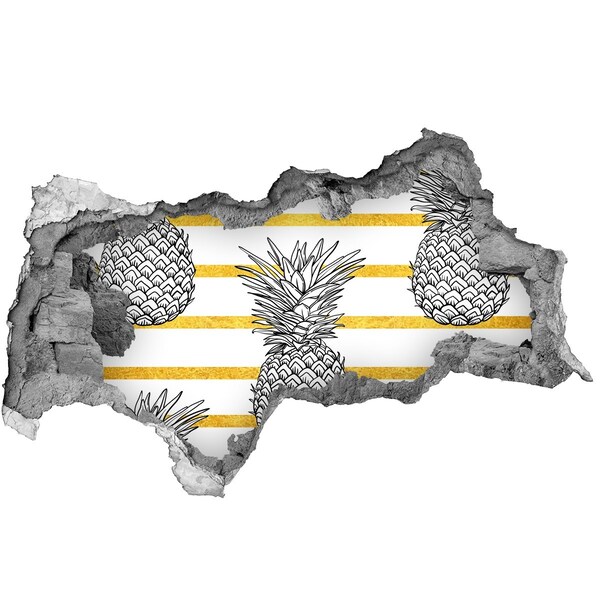 3D sticker gat in stenen muur Ananas op een achtergrond van gouden strepen
