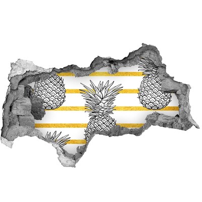 3D sticker gat in stenen muur Ananas op een achtergrond van gouden strepen