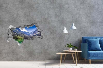 3D muursticker gescheurde muur Berglandschap aan het meer