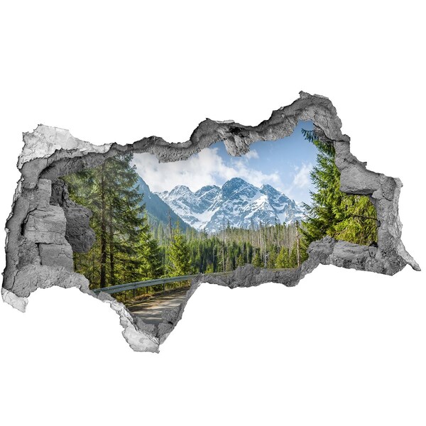 Zelfklevende 3D wandsticker illusie Berglandschap achter het gat in de muur