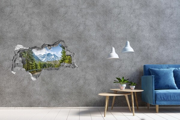 Zelfklevende 3D wandsticker illusie Berglandschap achter het gat in de muur