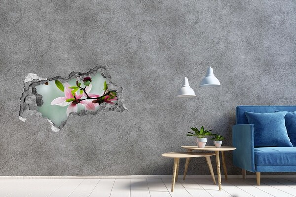 3D muursticker gescheurde muur Magnoliabloemen in een beschadigde muur