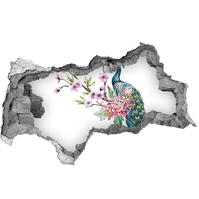 Wandsticker 3D doorkijk Pauw tussen de bloemen