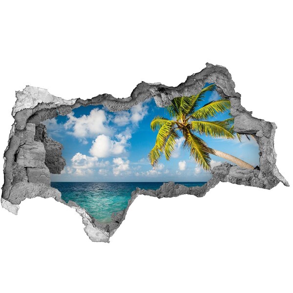 Zelfklevende 3D wandsticker illusie Tropisch strand met een palmboom
