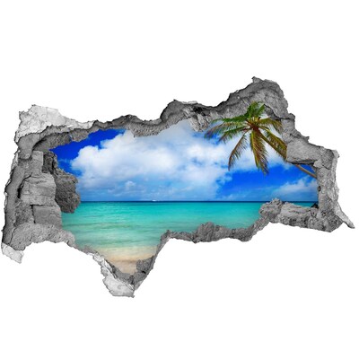 3D sticker gat in stenen muur Tropisch strand met een palmboom