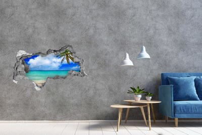 3D sticker gat in stenen muur Tropisch strand met een palmboom