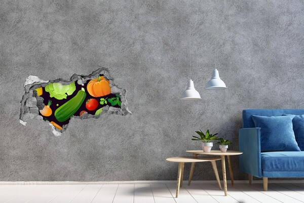 3D muursticker gescheurde muur Fruit en groenten in een gat in de muur