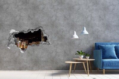 3D muursticker gescheurde muur Nachtpanorama van de stad