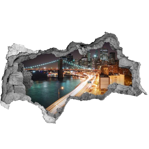 3D sticker gat in stenen muur Uitzicht op New York 's nachts