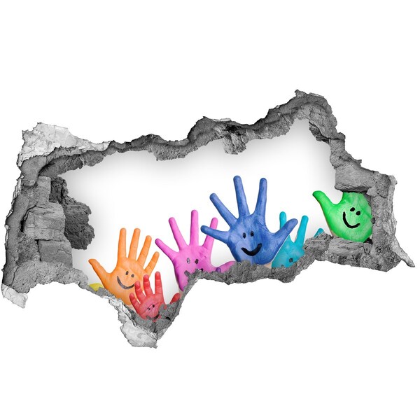 Zelfklevende 3D wandsticker illusie Vrolijke handen tegen een betonnen achtergrond