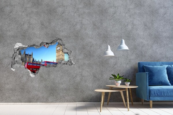 Zelfklevende 3D wandsticker illusie De skyline van Londen met een rode bus.
