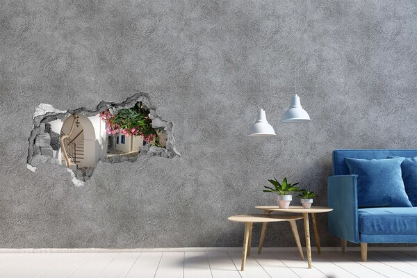 3D sticker gat in stenen muur Een charmante straat in Griekenland