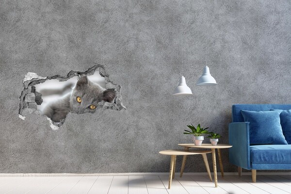 Zelfklevende 3D wandsticker illusie Grijze kat in een gat in de muur