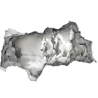 Wandsticker 3D doorkijk Witte paarden galopperen