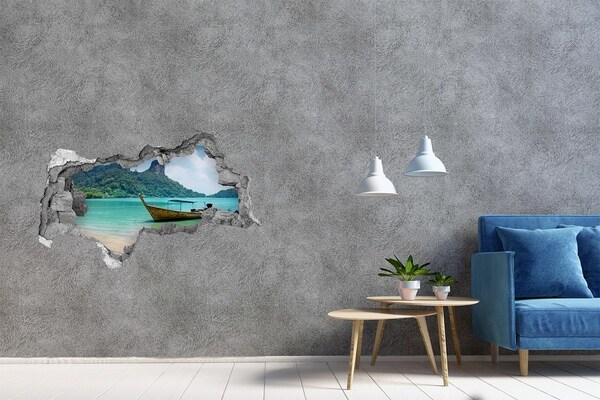 Wandsticker 3D doorkijk Paradijselijk strand met een boot