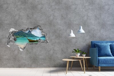 Wandsticker 3D doorkijk Paradijselijk strand met een boot