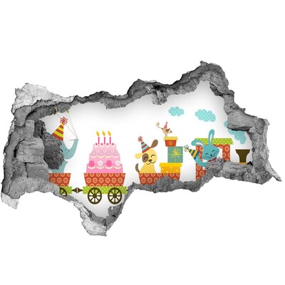Zelfklevende 3D wandsticker illusie Treintje met cadeautjes en verjaardagstaart
