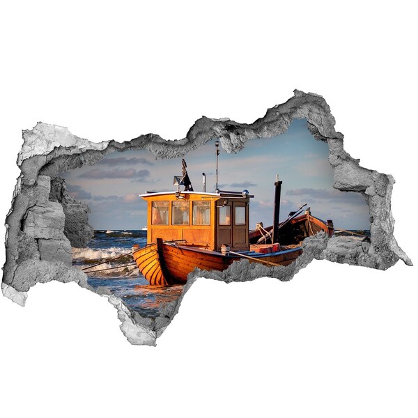 Wandsticker 3D doorkijk Een baai met een vissersboot