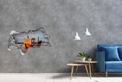 Wandsticker 3D doorkijk Een baai met een vissersboot