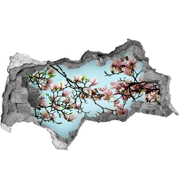 3D muursticker gescheurde muur Lentemagnolia's in een blauwe lucht