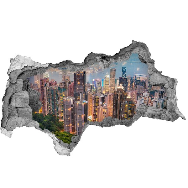 Wandsticker 3D doorkijk Uitzicht op Hongkong 's nachts