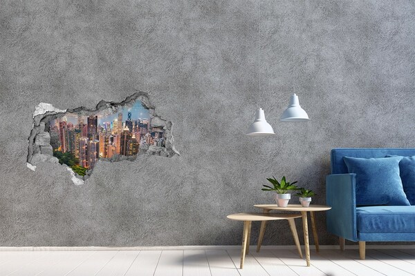 Wandsticker 3D doorkijk Uitzicht op Hongkong 's nachts