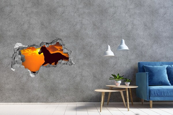 3D sticker gat in stenen muur Paard bij zonsondergang