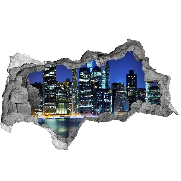 3D sticker gat in stenen muur De skyline van New York 's nachts