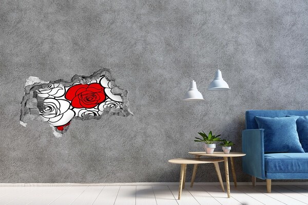 3D muursticker gescheurde muur Rode rozen in een gat in de muur