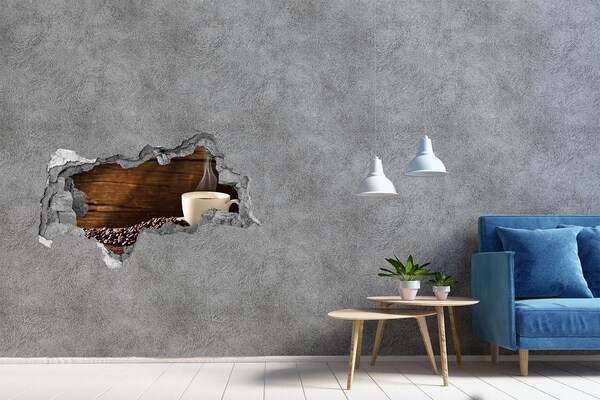 Zelfklevende 3D wandsticker illusie Koffie en bonen op een houten achtergrond