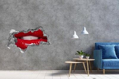 3D muursticker gescheurde muur Rode lippen in een gat in de muur
