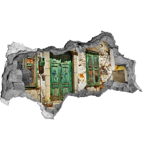 Zelfklevende 3D wandsticker illusie Groene deur in de ruïnes