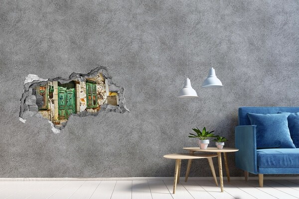 Zelfklevende 3D wandsticker illusie Groene deur in de ruïnes