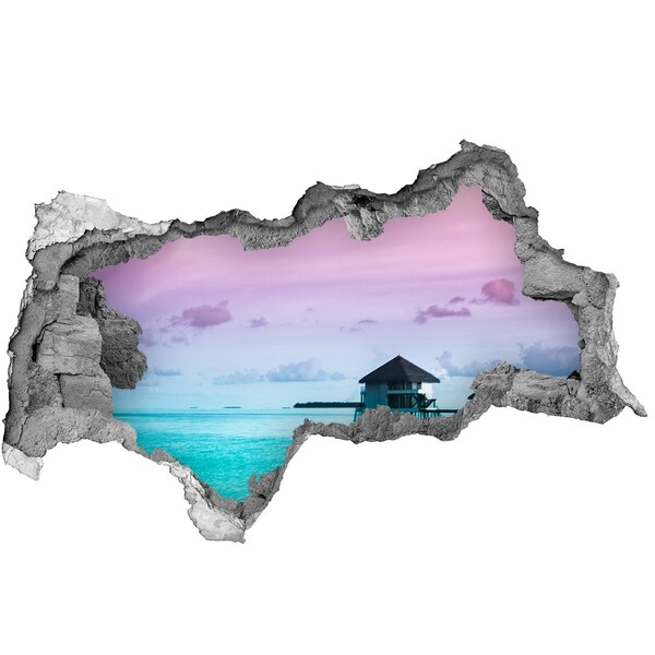 Zelfklevende 3D wandsticker illusie Een tropische oase aan het water