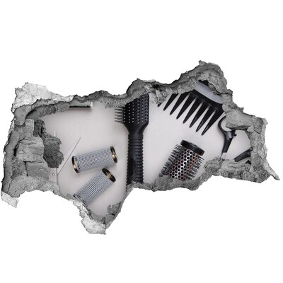 3D muursticker gescheurde muur Kappersaccessoires in een klein winkeltje.