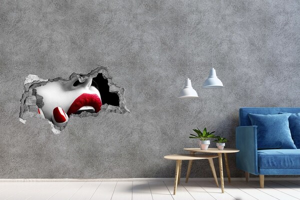 3D sticker gat in stenen muur Sensuele lippen in beton