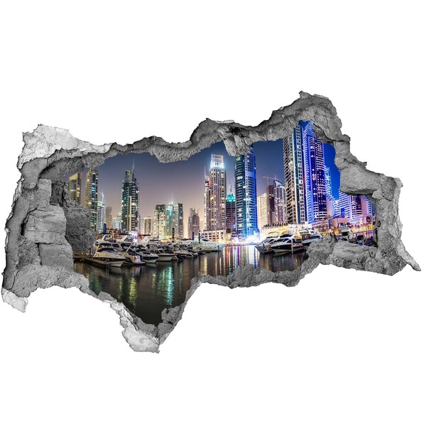 3D muursticker gescheurde muur Een moderne stad aan het water