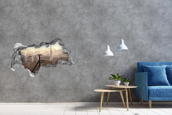 3D sticker gat in stenen muur Uitzicht op de stad door een gat in de muur.