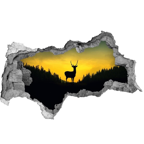 Zelfklevende 3D wandsticker illusie Herten tegen de achtergrond van de ondergaande zon.