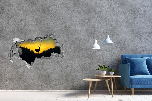 Zelfklevende 3D wandsticker illusie Herten tegen de achtergrond van de ondergaande zon.