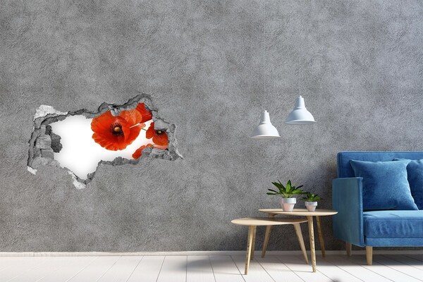 Wandsticker 3D doorkijk Klaprozen in een gat in de muur