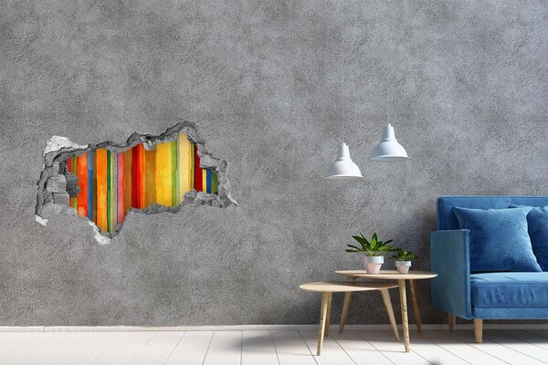 Wandsticker 3D doorkijk Kleurrijke strepen in een beschadigde muur
