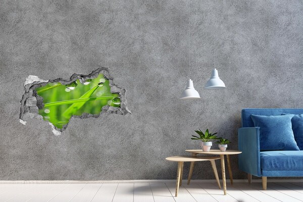 3D sticker gat in stenen muur Groene oase met waterdruppels