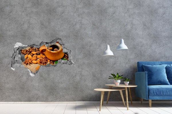 Zelfklevende 3D wandsticker illusie Koffie en kruiden in een rustieke stijl.